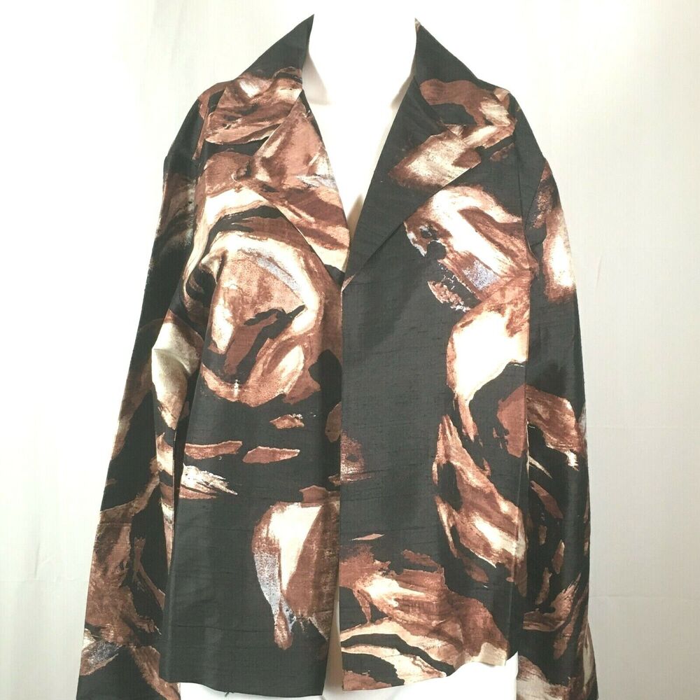 Chicos Jacket Womens Sz 1 US M Brown Black Watercolor‎ Floral Silk Open Blazer